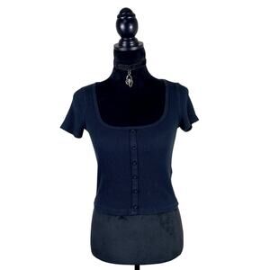 Hollister Faux Button Down Square Neck Thermal Baby Tee Academia Coquette Goth M